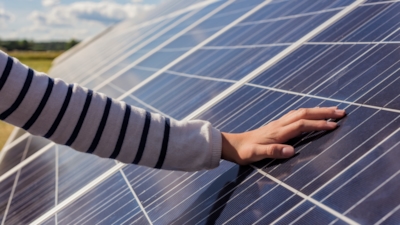 Close-up of an arm with a long-sleeved striped shirt reaching out to rest a hand on a solar panel under a partly cloudy sky.